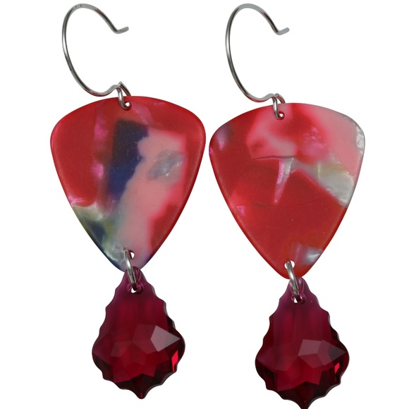 Guitar Pick Earrings OOAK Marbled Red Crystal - Picture 2 of 2
